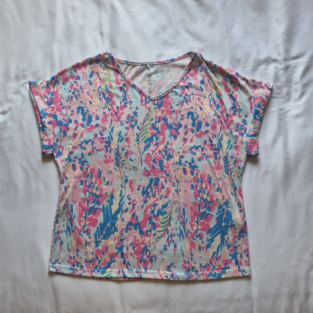 SHEIN Colorful Abstract Floral Print Top Rolled Sleeve Size M